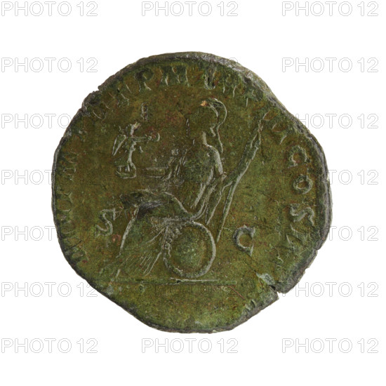 Sestertius, Roman Empire (195–196 CE). Obverse: Head of Septimius Severus with laurel wreath and drapery on left shoulder facing right; inscription L SEPT SEV PER, VII all around. Reverse: Roma seated on shield facing left, holding a figurine of Victory in her extended right hand and a spear in her left; inscription DIVI M PII FPM TR P III COS II PP; control marks SC in fields. Iconography includes Roma, shields, Victory (attribute), spears; maker: Septimius Severus (Roman emperor, 146–211). Coin: bronze; diameter 27.5–29.5 mm; weight 19.25 g; axis 0°.