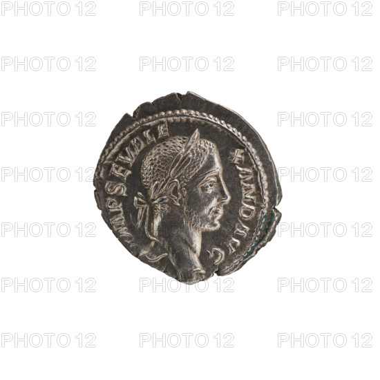 Denarius; Alexander Severus (Roman emperor, 222–235) — iconography. Obverse: Head of Alexander Severus in laurel wreath facing right, pearl rim, legend MPSEVALE XANDAVG. Reverse: Perpetuitas stands turned left, leaning against a column with left hand, holding an orb in right hand and a long scepter diagonally in left hand, pearl rim, legend PERPETVI TATIAVG. Roman Empire, 228–231. Coin; diameter 19.5–20.0 mm; weight 3.13 g.