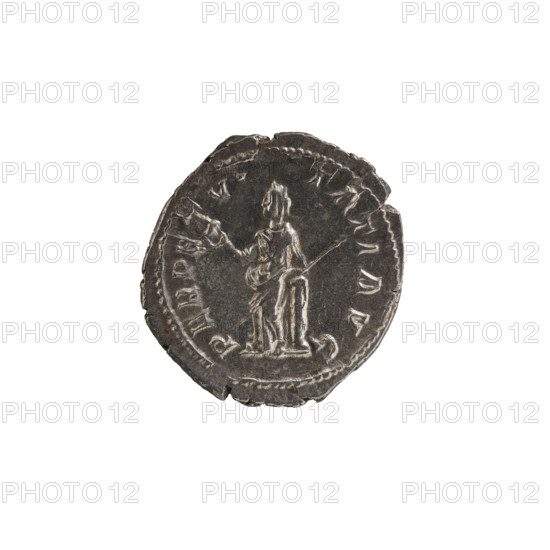 Denarius, 228–231 CE. Obverse: Head of Alexander Severus in laurel wreath facing right, pearl rim, legend MPSEVALE XANDAVG. Reverse: Perpetuitas standing left, leaning against a column with right hand, holding orb in right hand and long scepter diagonally in left hand, pearl rim, legend PERPETVI TATIAVG. Roman Empire; Rome. Coin; diameter 19.5–20.0 mm; weight 3.13 g.