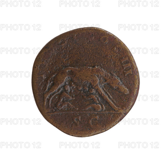 Sestertius, Antoninus Pius (86–161; Roman emperor 138–161), issuer: Antoninus Pius. Bronze coin (sestertius), Roman Empire, Rome, dated 140–144. Obverse: head of Antoninus Pius in a laurel wreath facing right, inscription A TONINVS · AVG PIVS P (all around). Reverse: she-wolf suckling Romulus and Remus standing to the right, inscription TR POT · COS III (all around), in the SC episode. Coin diameter 31.5–32.5 mm, weight 27.15 g, axis 0 degrees.