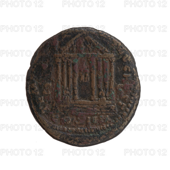 as/dupondius, Antoninus Pius (86–161; Roman emperor 138–161), issuer: Antoninus Pius; obverse: head of the emperor in a laurel wreath to the right, inscription ANTONINVS AV S P P R XX; reverse: facade of a temple with eight columns and two statues (Divine Augustus and Livia), inscription TEMP AVG REST, COS IIII, S C; date: 158–159; culture/place: Roman Empire, Rome; object type: coin (dupondius); material: bronze; dimensions: diameter 24.0–25.0 mm, weight 11.30 g, axis 180 degrees.