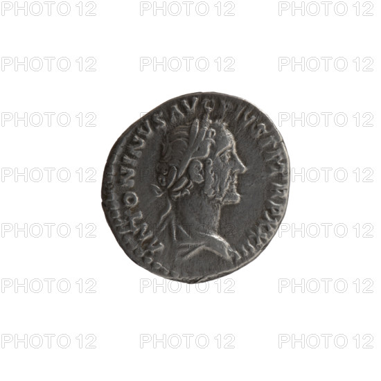 Denarius of Antoninus Pius (86–161; Roman emperor 138–161). Obverse: Bust of Antoninus Pius in a cloak (paludamentum) and a laurel wreath facing right; inscription ANTONINVS AV PIVS PP TR P XXIII. Reverse: Facade of a temple with eight columns, with two statues (Divine Augustus and Livia); inscription TEMPLVM DIV AVG REST and COS IIII. Iconography: statues, paludamentums, ancient temples, head of the emperor in a laurel wreath. Victory, pearl rim. Date: 159–160. Roman Empire (27 BC–476), Rome. Coin: diameter 16.0–17.5 mm, weight 3.20 g, axis 210°.