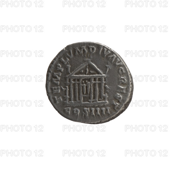 Denarius of Antoninus Pius (86–161; Roman emperor 138–161). Obverse: Bust of Antoninus Pius in a cloak (paludamentum) and a laurel wreath facing right; legend ANTONINVS AV, PIVS PP TR P XXIII. Reverse: Facade of a temple with eight columns, with two statues (Divine Augustus and Livia); legend TEMPLVM DIV AVG REST and COS IIII. Iconography: statues, paludamentums, ancient temples, head of the emperor in a laurel wreath. Date: 159–160. Roman Empire (27 BC–476), Rome. Coin: silver, diameter 16.0–17.5 mm, weight 3.20 g, axis 210°.