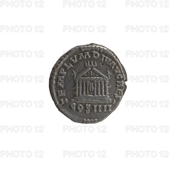 Denarius of Antoninus Pius (86–161; Roman emperor 138–161). Obverse: Head of the emperor in a laurel wreath facing right, inscription 'ANTONINVS AVG - PIVS PP TR P XXII'. Reverse: Facade of a temple with eight columns, with two statues (Divine Augustus and Livia), inscription 'TEMPLVM DIVI AVG RES', in the episode COS IIII. Date: 158–159. Roman Empire (27 BC–476). Rome. Coin; diameter 16.5–17.0 mm, weight 3.05 g, axis 180 degrees.