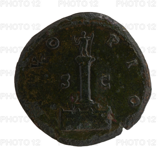 Sestertius, posthumous for Antoninus Pius (86–161; Roman emperor 138–161), issuers Lucius Verus (130–169; Roman emperor 161–169) and Marcus Aurelius (121–180; Roman emperor 161–180). Obverse: head of Antoninus Pius without a covering facing right, inscription DIVVS NTONINVS all around. Reverse: column with a statue of Antoninus Pius holding a scepter and an eagle, inscription IVO PIO all around, in SC. After 161, Roman Empire (27 BC–476), Rome. Coin: diameter 31.0–31.5 mm, weight 25.60 g, axis 0°.