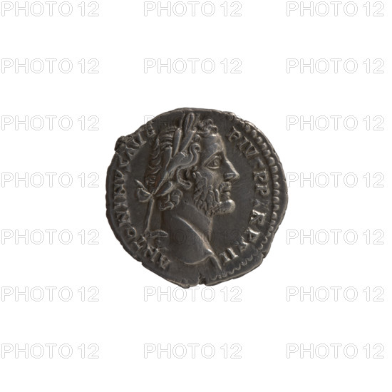 Denarius of Antoninus Pius (86–161; Roman emperor 138–161). Obverse: head of Antoninus Pius in a laurel wreath facing right, inscription ANTONINVS AVG - PIV, PP, RP XII; Reverse: Salus (personification) standing left in front of an altar feeding a snake, holding a patera above the altar in her right hand and a rudder on a globe in her left, inscription C - OS - IIII. Dated 148–149. Roman Empire (27 BC–476), Rome. Silver coin, diameter 17.5 mm, weight 3.00 g, axis 180°.
