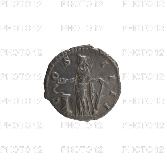 Denarius of Antoninus Pius (reigned 138–161), struck 148–149. Obverse: head of Antoninus Pius in a laurel wreath facing right, legend ANTONINVS AVG PIV, PP, RP XII. Reverse: Salus standing left before an altar, holding a patera in her right hand above an altar around which a snake coils, and a rudder on a globe in her left hand; reverse legend C·OS·IIII. Bronze/metal coin; diameter 17.5 mm, weight 3.00 g, axis 180°. Roman Empire, Rome.