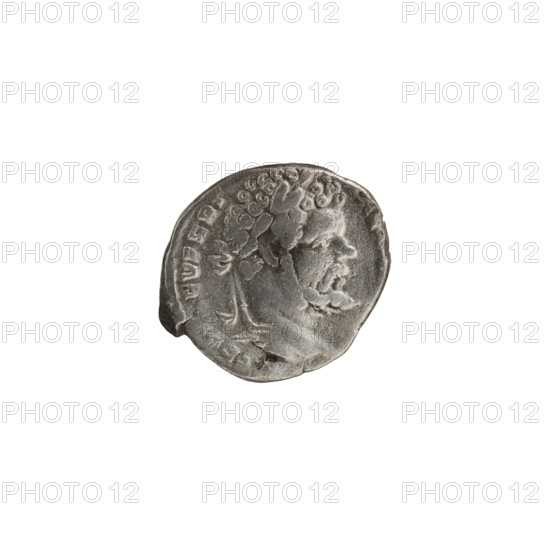 Denarius of Septimius Severus (146–211; Roman emperor 193–211). Obverse: head of Septimius Severus with laurel wreath facing right; inscription SEV PERT-AV. Reverse: Septimius Severus in military dress on horseback facing right, holding a spear in his right hand; inscription FEC-T-I-O AV. Iconography: horses, emperor on horseback, spears. Roman Empire (27 BC–476), Rome. Coin. Diameter 15.5–17.5 mm, weight 3.19 g, axis 0°.