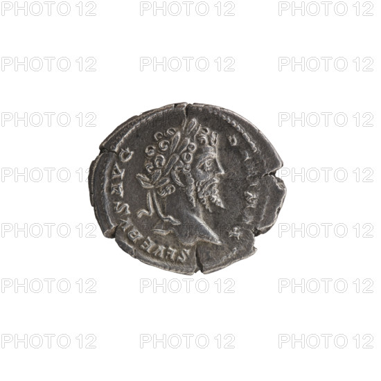 Denarius; obverse: head of Septimius Severus in a laurel wreath facing right, inscription SEVERVSAVG PA, pearl rim. Reverse: Victoria tiptoes left, holding a garland in both hands; at her feet left a round shield on a pedestal, inscription PMTRP VIII COSI IPP, pearl rim. Roman Empire, c. 200; silver coin; diameter ~17.0–19.0 mm; weight 3.01 g.