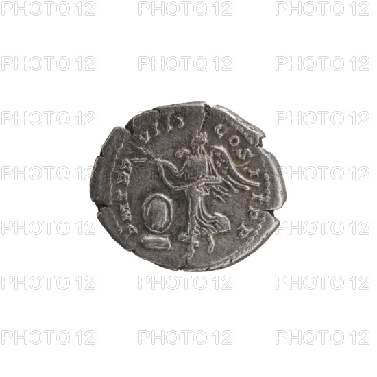 Denarius; Roman deities; Victoria; Septimius Severus (Roman emperor, 146–211) — iconography. Obverse: SEVERVSAVG PA, MAX. Head of Septimius Severus in a laurel wreath facing right; pearl rim. Reverse: PMTRP VIII COSI IPP. Victoria tiptoes left, holding a garland in both hands; at her feet left, a round shield on a pedestal; pearl rim. Date: 200. Roman Empire (27 BC–476). Coin. Diameter: 17.0–19.0 mm. Weight: 3.01 g.
