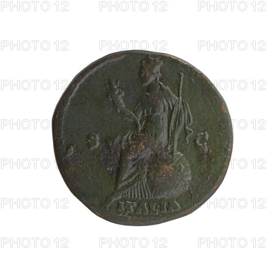 Sestertius of Antoninus Pius (86–161; Roman emperor 138–161), struck 140–144. Obverse: Head of Antoninus Pius in a laurel wreath facing right, inscription ANTONINVS AVG PI - VS PP TR P CO. Reverse: Italy personified seated on a globe decorated with stars facing left, holding a cornucopia in her right hand and a scepter in her left, inscription ITALIA, control marks S·C in fields. Roman Imperial coin; diameter 31.0–31.5 mm, weight 25.45 g, axis 15°.