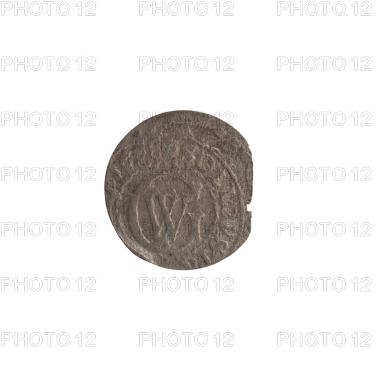szelag, George William Hohenzollern (Elector of Brandenburg; Duke of Prussia; 1620–1640), 1628, Königsberg, Ducal Prussia (1525–1701); silver coin (szelag). Obverse: Prussian eagle, on its chest a crowned letter S; on rim between borders an inscription beginning with a heart GE, AR, RSR.I.EL. Reverse: monogram composed of the letters GW; on rim between borders an inscription beginning with a rosette and divided by the Hohenzollern coat of arms SOLIDVS.P · 16 · 8 · 1628. Diameter 15.4–16.8 mm; weight 0.47 g; axis 0°.