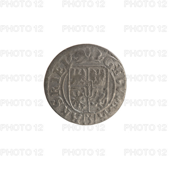 one-and-a-half, Ernest Pfahler, George William Hohenzollern (Elector of Brandenburg; Duke of Prussia; 1620-1640), cross (iconographic), orb of rule (iconographic), coats of arms. Obv.: Under the ducal mitre a five-field coat of arms; below in the shield a value numeral 3. In the rim between the borders an inscription divided by the mitre and the value numeral, ending with a heart GEWIMAR - BRSRIEL. Rev.: Royal orb with a cross with arms ending in finials; in the lower part of the apple the numerals of the value 24; on the sides of the cross the date numerals 2 - 4. In the rim between the borders an inscription divided by a cross, ENOVADVCPRVS, 1624. Ducal Prussia (1525-1701), Königsberg; coin. Diameter 19.3 mm, weight 1.04 g, axis 0°.
