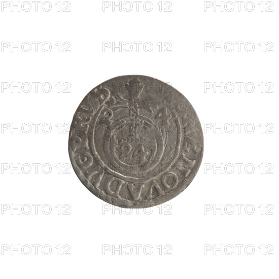 One-and-a-half, Ernest Pfahler; Wislica hoard; obverse: under the ducal mitre a five-field coat of arms, below in the shield a value numeral 3; in the rim between the borders an inscription divided by the mitre and the value numeral, ending with a heart GEWIMAR - BRSRIEL. Reverse: royal orb with a cross with arms ending in finials; in the lower part of the apple the numerals of the value 24; on the sides of the cross the date numerals 2 - 4; in the rim between the borders an inscription divided by a cross, ENOVADVCPRVS, 1624. Ducal Prussia (1525–1701), Königsberg; coin; diameter 19.3 mm; weight 1.04 g; axis 0°.