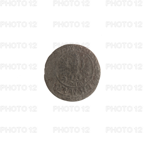szelag by Ernest Pfahler, from the Wislica hoard (numism); coin, Ducal Prussia (1525–1701), Königsberg, 1633. Obverse: Prussian eagle with crowned letter S on its chest; rim inscription beginning with a heart G, 'WILH.MAR.' Reverse: monogram composed of the letters GW; rim inscription beginning with a rosette and divided by the Hohenzollern coat of arms 'SOL, S.PR - V, 3'. Hohenzollern (coat of arms), rosettes, eagles. Diameter 15.8 mm; weight 0.36 g; axis 0°.