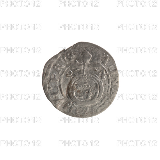 One-and-a-half coin, Ernest Pfahler; Wislica hoard; George William Hohenzollern (Elector of Brandenburg; Prince of Prussia; 1620–1640). Obverse: under the ducal mitre, a five-field coat of arms with the value numeral 3 in the shield; inscription in rim divided by the mitre and the value numeral 'WIMAR - BRSRIEL'. Reverse: royal orb with a cross whose arms end in finials; numerals of value '24' on lower part of the apple; date numerals '2 - 4' flanking the cross; rim inscription divided by a cross and a heart 'MON, DVC PRVS, 1624'. Ducal Prussia (1525–1701), Königsberg. Coin: diameter 19.0 mm, weight 0.92 g, axis 0°.