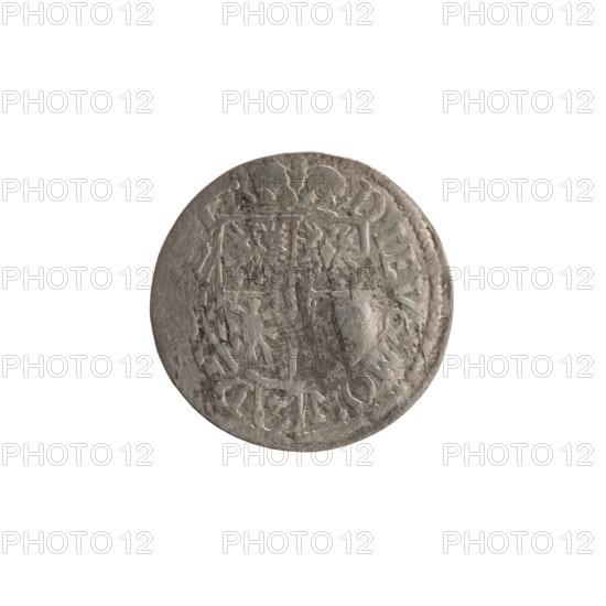one and a half, Ernest Pfahler, the hoard from Wislica (numism.), orb of rule (iconographic), coats of arms, cross (iconographic). Obv. Royal orb with a cross with arms terminating in finials. In the lower part of the orb the value numerals Z4. On the sides of the cross the date numerals Z - Z. In the rim between the rims an inscription divided by a cross .GE.WI.M.AR.BR.SRIE.L.PD. Rw. Under the ducal mitre, a five-field coat of arms, below in the shield the value numeral 3. In the rim between the borders, an inscription divided by the mitre and the value numeral, and ending with a heart DIEV&MON - D, 1622, Ducal Prussia (1525-1701), Königsberg, coin: diameter 19.8 mm, weight 1.16 g, axis 0 degrees.