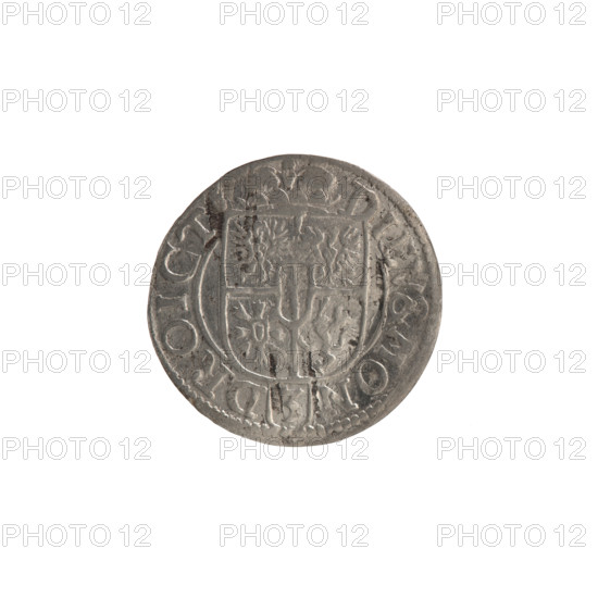 one-and-a-half, Ernest Pfahler, the hoard from Wislica (numism.), orb of rule (iconographic), cross (iconographic), George William Hohenzollern (Elector of Brandenburg; Duke of Prussia; 1620-1640), coats of arms. Obv.: Royal orb with a cross with arms terminating in finials; in the lower part of the orb the numerals of the value 24; on the sides of the cross the date numerals Z - Z; in the rim between the borders an inscription divided by a cross GE:WI:MAR:BR:S:R:I:EL.PD. Rev.: Under the ducal mitre a five-field coat of arms; below in the shield a value numeral 3; in the rim between the borders an inscription divided by the mitre and the value numeral, ending with a heart DIEV&MON-DROICT, 1622. Ducal Prussia (1525–1701), Königsberg; coin: diameter 19.3 mm, weight 0.87 g, axis 0°.