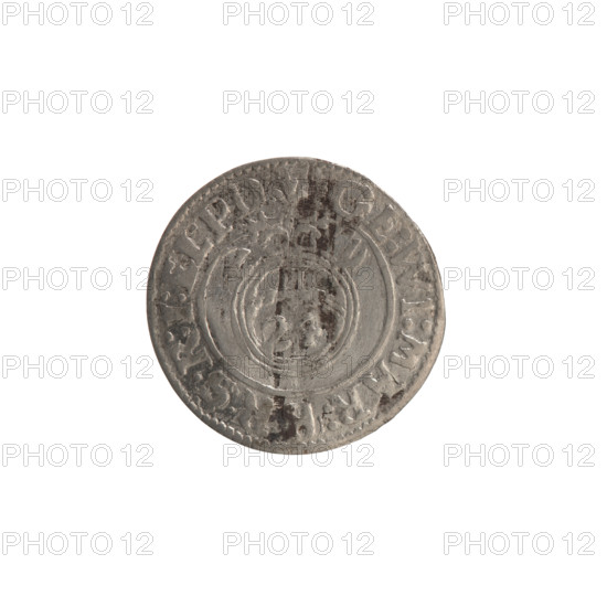 one-and-a-half, Ernest Pfahler, the hoard from Wislica (numism.), orb of rule (iconographic), cross (iconographic), George William Hohenzollern (Elector of Brandenburg; Duke of Prussia; 1620-1640), coats of arms. Obverse: Royal orb with a cross with arms terminating in finials; lower part of orb shows the numeral of value 24; on the sides of the cross the date numerals Z - Z; rim between borders bears an inscription divided by a cross GE:WI:MAR:BR:S:R:I:EL.PD. Reverse: Under the ducal mitre a five-field coat of arms, below in the shield a value numeral 3; rim between borders bears an inscription divided by the mitre and the value numeral, ending with a heart DIEV&MON - DROICT, 1622. Ducal Prussia (1525-1701), Königsberg; coin: diameter 19.3 mm, weight 0.87 g, axis 0 degrees.