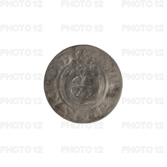 one-and-a-half, Ernest Pfahler, the hoard from Wislica (numism.), cross (iconographic), orb of rule (iconographic), coats of arms. Obv. Royal orb with a cross with arms terminating in finials. In the lower part of the orb the value numerals Z4. On the sides of the cross the date numerals Z - I. In the rim between the borders an inscription divided by a cross and terminating with a heart, AR., RS.RIEL, D Rw. Under the ducal mitre a five-field coat of arms, below in the shield a value numeral 3. In the rim between the borders an inscription divided by the mitre and the value numeral DI, V, N -, ROICT, 1621. Ducal Prussia (1525-1701), Königsberg, coin: diameter 18.7 mm, weight 1.04 g, axis 0 deg.