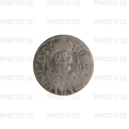 one-and-a-half, Ernest Pfahler, the hoard from Wislica (numism.), cross (iconographic), orb of rule (iconographic), coats of arms. Obverse: royal orb with a cross with arms terminating in finials; in the lower part of the orb the value numerals Z4; on the sides of the cross the date numerals Z - I; in the rim between the borders an inscription divided by a cross and terminating with a heart, AR., RS.RIEL, D Rw. Under the ducal mitre a five-field coat of arms, below in the shield a value numeral 3; in the rim between the borders an inscription divided by the mitre and the value numeral DI, V, N -, ROICT, 1621. Ducal Prussia (1525–1701), Königsberg; coin: diameter 18.7 mm, weight 1.04 g, axis 0°.