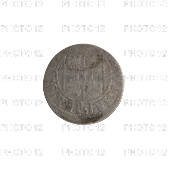 one-and-a-half, Ernest Pfahler, the hoard from Wislica (numism), cross, George William Hohenzollern (Elector of Brandenburg; Duke of Prussia; 1620-1640), orb of reign, coats of arms. Obverse: under the ducal mitre a five-field heraldic shield; below in the shield the value numeral 3. In the rim between the borders an inscription divided by the mitre and the value numeral, WI.MA. - BR.S. Reverse: royal orb with a cross with arms terminating in finials; in the lower part of the orb the value numerals Z4; on the sides of the cross, date numerals Z - 7. In the rim between the borders, an inscription divided by a cross and a heart below the apple, NE.NO - D, VS., 1627. Ducal Prussia (1525–1701), Königsberg; coin; diameter 18.9 mm; weight 1.15 g; axis 0°.