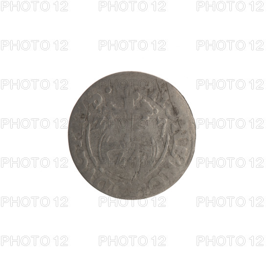one-and-a-half, Ernest Pfahler, the hoard from Wislica (numism), cross, George William Hohenzollern (Elector of Brandenburg; Duke of Prussia; 1620-1640), orb of reign, coats of arms, Obv. Under the ducal mitre a five-field heraldic shield, below in the shield the value numeral 3. In the rim between the rims an inscription divided by the mitre and the value numeral, WI.MA. - BR.S., Reverse. Royal orb with a cross with arms terminating in finials. In the lower part of the orb the value numerals Z4. On the sides of the cross, date numerals Z - 7. In the rim between the borders, an inscription divided by a cross and a heart below the apple, NE.NO - D, VS., 1627, Ducal Prussia (1525-1701), Königsberg, coin, coin: diameter 18.9 mm, weight 1.15 g, axis 0 degrees.