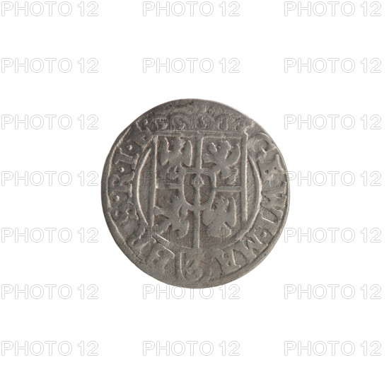 One-and-a-half coin by Ernest Pfahler, 1625. Obverse: under a ducal mitre a five-field coat of arms with a value numeral 3 in the shield; rim inscription divided by the mitre and the value numeral GE.WI.MA - BR.SRIE. Reverse: royal orb topped by a cross with finial-ended arms; value numerals 24 on the lower part of the orb, date numerals 2 - 5 beside the cross; rim inscription divided by a cross and a heart below the orb MONE.NO - DVC.PRVS. Ducal Prussia (1525–1701), Königsberg; coin; diameter 19.3 mm; weight 1.19 g; axis 0°.