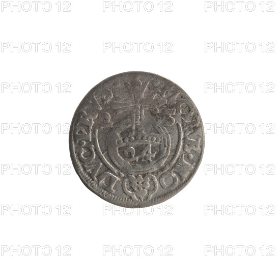 One-and-a-half (coin), Ernest Pfahler; Wislica hoard; obverse: under a ducal mitre a five-field coat of arms, below in the shield a value numeral 3; in the rim between the rims an inscription divided by the mitre and the value numeral GE.WI.MA - BR.SRIE. Reverse: royal orb with a cross with arms ending in finials; in the lower part of the orb the value numerals 24; on the sides of the cross the date numerals 2 - 5; in the rim between the rims an inscription divided by a cross and a heart below the orb: MONE.NO - DVC.PRVS. Date: 1625. Place: Ducal Prussia (1525–1701), Königsberg. Object type: coin. Diameter 19.3 mm; weight 1.19 g; axis 0°.