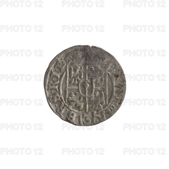 one-and-a-half, Ernest Pfahler, the hoard from Wislica (numism.), cross (iconographic), orb of rule (iconographic), coats of arms. Obv.: under the ducal mitre a five-field coat of arms; below in the shield the value numeral 3. In the rim between the rims an inscription divided by the mitre and the value numeral GE.WI.MA. - BR.SRIE. Rv.: royal orb with a cross with arms terminating in finials; in the lower part of the apple, the value digits 24; on the sides of the cross, the date digits 2 - 5. In the rim between the rims, an inscription divided by a cross and a heart below the apple: MONE.NO - DVC, VS., 1625, Königsberg, Ducal Prussia (1525–1701). Coin: diameter 19.3 mm, weight 0.96 g, axis 0°.