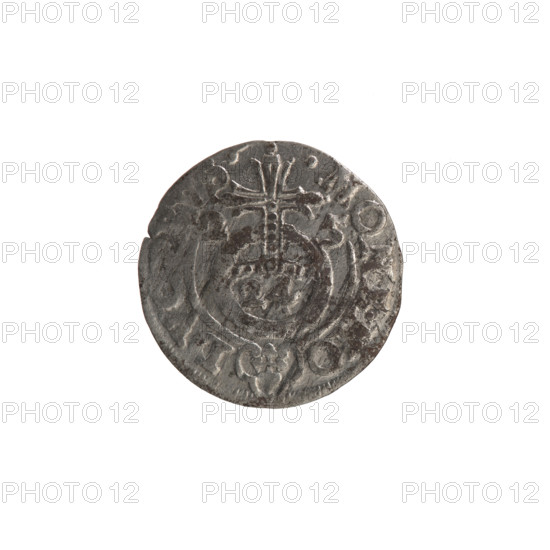 One-and-a-half coin, maker Ernest Pfahler, hoard from Wislica; obverse: under a ducal mitre a five-field coat of arms with the value numeral 3 in the shield; rim inscription divided by the mitre and the value numeral: GE.WI.MA. - BR.SRIE. Reverse: royal orb with a cross whose arms terminate in finials; lower part of the orb bears the value digits 24; date digits 2 - 5 flanking the cross; rim inscription divided by a cross and a heart below the orb: MONE.NO - DVC, VS., 1625. Königsberg, Ducal Prussia (1525–1701). Coin; diameter 19.3 mm; weight 0.96 g; axis 0°.