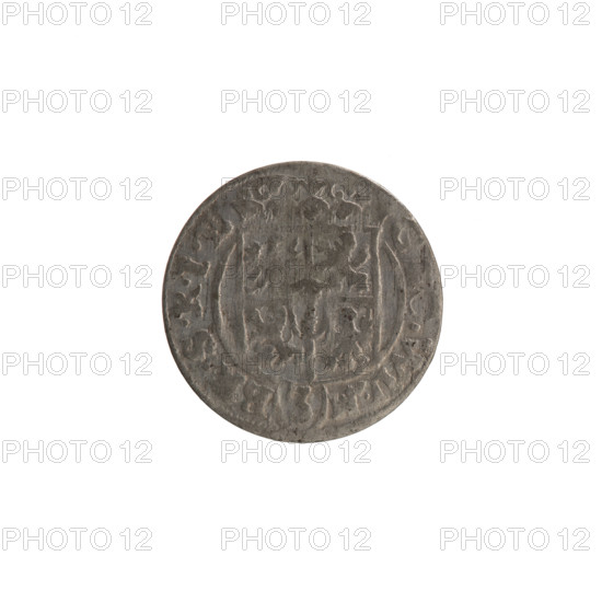 one-and-a-half, the hoard from Wislica (numism.), cross (iconographic), orb of rule (iconographic), coats of arms. Obv.: under the ducal mitre a five-field coat of arms; below in the shield a value numeral 3. In the rim between the rims an inscription divided by the mitre and the value numeral G, O.WIL.M - B, .SRI. Rv.: royal orb with a cross with arms terminating in finials. In the lower part of the apple, the numerals of the value 24. On the sides of the cross, the date numerals 3 - 3. In the rim between the rims, an inscription divided by a cross and a heart below the apple M, .NO - DVC.PRVS., 1633. Ducal Prussia (1525–1701), Königsberg; coin: diameter 18.5 mm, weight 0.87 g, axis 0°.