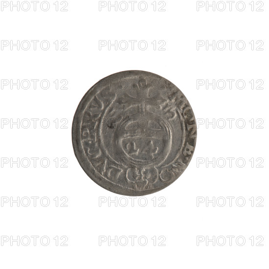 one-and-a-half, Ernest Pfahler, the hoard from Wislica (numism.), George William Hohenzollern (Elector of Brandenburg; Duke of Prussia; 1620-1640), cross (iconographic), orb of rule (iconographic), coats of arms. Obv.: Under the ducal mitre a five-field coat of arms; below in the shield a value numeral 3. In the rim between the rims an inscription divided by the mitre and the value numeral G O.WIL.M - B .SRI. Rv.: Royal orb with a cross with arms terminating in finials. In the lower part of the apple, the numerals of the value 24. On the sides of the cross, the date numerals 3 - 3. In the rim between the rims, an inscription divided by a cross and a heart below the apple M .NO - DVC.PRVS., 1633. Ducal Prussia (1525–1701), Königsberg. Coin: diameter 18.5 mm, weight 0.87 g, axis 0°.