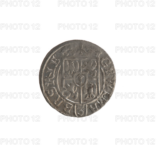 one-and-a-half, Ernest Pfahler, Wislica hoard, George William Hohenzollern (Elector of Brandenburg; Prince of Prussia; 1620–1640). Obverse: under the ducal mitre a five-field coat of arms, below in the shield a value numeral 3; in the rim an inscription divided by the mitre and the value numeral GEWIMA - BRSRIE. Reverse: royal orb with a cross with arms ending in fleurs; in the lower part of the apple the numeral of value 24; on the sides of the cross the date numerals 2 - 5; in the rim an inscription divided by a cross and a heart *MONENO - DVCPRVS*, 1625, Königsberg, Ducal Prussia (1525–1701). Coin: diameter 19.4 mm, weight 1.02 g, axis 0°.