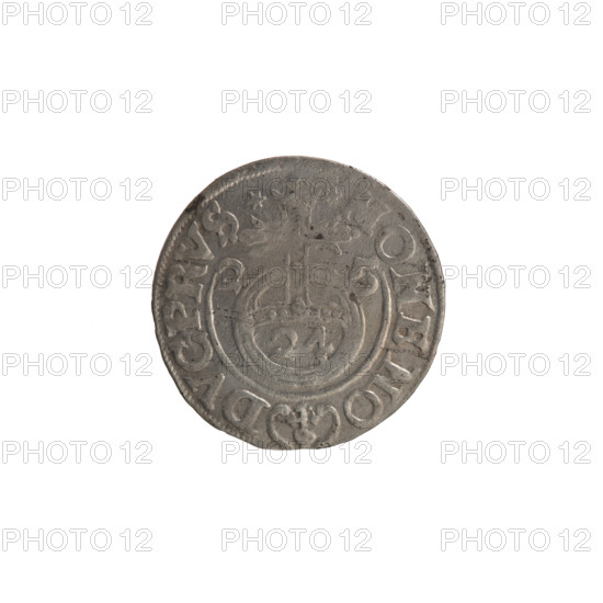 one-and-a-half, Ernest Pfahler, Wislica hoard (numism), George William Hohenzollern (Elector of Brandenburg; Prince of Prussia; 1620-1640), orb of rule (iconographic), cross (iconographic), coats of arms. Obverse: under the ducal mitre a five-field coat of arms; below in the shield a value numeral 3. In the rim between the rims an inscription divided by the mitre and the value numeral GEWIMA - BRSRIE. Reverse: royal orb with a cross with arms ending in fleurs; in the lower part of the apple, the numerals of the value 24; on the sides of the cross, the date numerals 2 - 5. In the rim between the rims, an inscription divided by a cross and a heart located below the apple *MONENO - DVCPRVS*, 1625, Königsberg, Ducal Prussia (1525-1701). Coin: diameter 19.4 mm, weight 1.02 g, axis 0°.