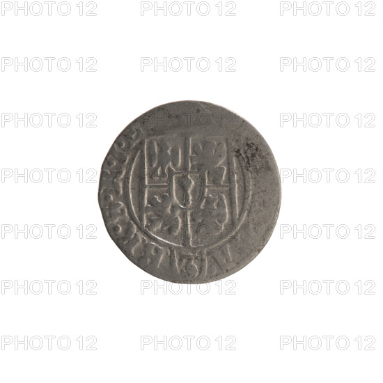 one-and-a-half; the hoard from Wislica (numism.); cross (iconographic); George William Hohenzollern (Elector of Brandenburg; Duke of Prussia; 1620–1640); orb of reign (iconographic); coats of arms. Obverse: five-field coat of arms, below in the shield the value numeral 3; in the rim between the borders an inscription separated by the value numeral A·BR·SRIE. Reverse: royal orb with a cross with arms terminating in finials; in the lower part of the orb the value numerals; on the sides of the cross, date numerals 1·6; in the rim between the borders an inscription divided by a cross and a heart below an apple, ONE·NO·DV, 1626. Ducal Prussia (1525–1701), Königsberg. Coin: diameter 19.0 mm, weight 1.03 g, axis 0°.