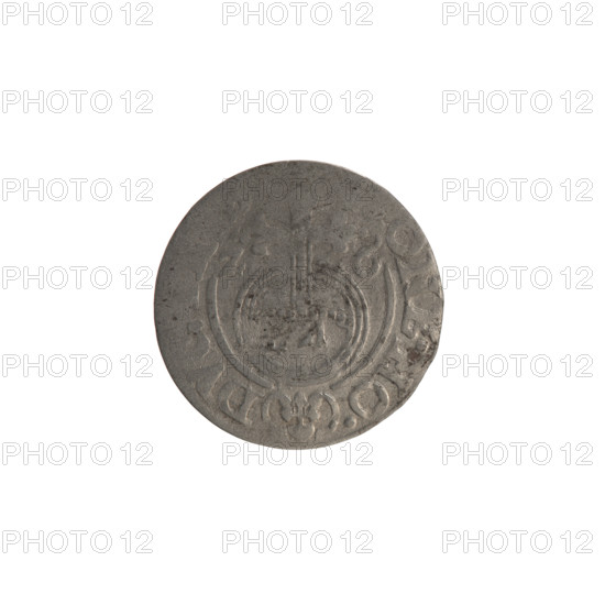 One-and-a-half coin, Ernest Pfahler; hoard from Wislica; obverse: five-field coat of arms with value numeral 3 below in the shield; rim inscription separated by the value numeral A. - BR.SRIE; reverse: royal orb with a cross whose arms terminate in finials, value numerals in lower part of orb, date numerals Z - 6 on sides of the cross; rim inscription divided by a cross and a heart below an apple ONE.NO. - DV; date 1626; Ducal Prussia (1525–1701), Königsberg; iconography: cross, orb of reign, coats of arms; coin: diameter 19.0 mm, weight 1.03 g, axis 0°.