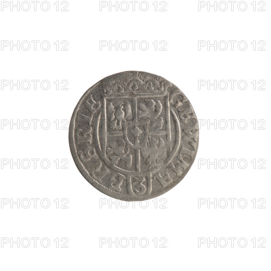 One-and-a-half coin, Ernest Pfahler; silver coin (1625) from Ducal Prussia (Königsberg). Obverse: under the ducal mitre a five-field coat of arms with value numeral 3 in the shield; rim inscription divided by the mitre and the value numeral GEWIMA - BRSRIE. Reverse: royal orb topped by a cross with arms ending in finials; value numerals 2 in lower part of the orb and date numerals 2 - 5 on the sides of the cross; rim inscription divided by a cross and a heart below the orb reading *MONENO - DVCPRVS*. Diameter 19.0 mm, weight 1.17 g, axis 0°.