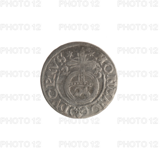 One-and-a-half coin by Ernest Pfahler, 1625. Obverse: under the ducal mitre a five-field coat of arms; below in the shield a value numeral '3'. In the rim between the borders an inscription divided by the mitre and the value numeral 'GEWIMA - BRSRIE'. Reverse: royal orb with a cross whose arms terminate in finials; in the lower part of the orb the value numerals '2,'; on the sides of the cross the date numerals '2 - 5'. In the rim between the borders an inscription divided by a cross and a heart below the apple '*MONENO - DVCPRVS*'. Ducal Prussia (1525–1701), Königsberg. Coin: diameter 19.0 mm, weight 1.17 g, axis 0°.