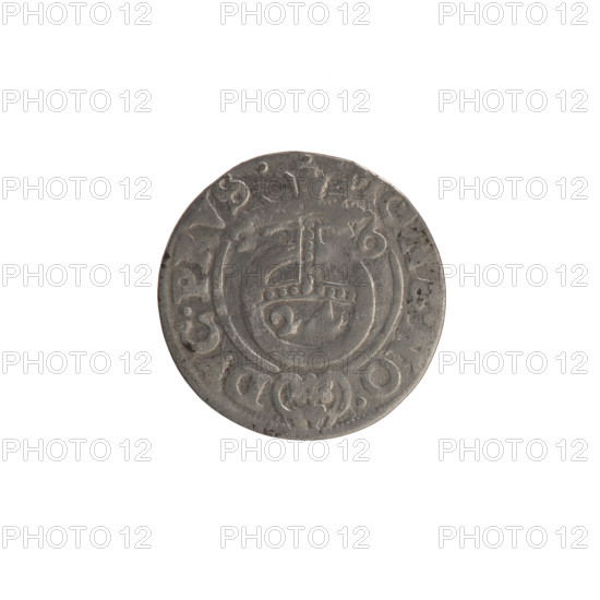 One-and-a-half coin, maker: Ernest Pfahler, Wislica hoard (numism.); obverse: under a ducal mitre a five-field coat of arms, below in the shield a value numeral 3; rim inscription divided by the mitre and the value numeral GE, WI, MA. - BR.SRI. Reverse: royal orb with a cross with arms terminating in finials; in the lower part of the apple the value numerals 24; on the sides of the cross the date numerals - 6; rim inscription divided by a cross and a heart below the apple MONE.NO. - DVC.PRVS., 1626. Ducal Prussia (1525–1701), Königsberg; coin; diameter 19.2 mm; weight 1.24 g; axis 0°.