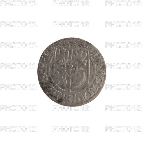 one-and-a-half, Ernest Pfahler, George William Hohenzollern (Elector of Brandenburg; Duke of Prussia; 1620-1640), cross (iconographic), orb of rule (iconographic), coats of arms. Obverse: under the ducal mitre a five-field coat of arms; below in the shield a value numeral 3. In the rim between the rims an inscription divided by the mitre and the value numeral GE, WI, MA. - BR.SRI. Reverse: royal orb with a cross with arms terminating in finials; in the lower part of the apple the numerals of the value 24; on the sides of the cross the numerals of the date - 6. In the rim between the rims an inscription divided by a cross and a heart below the apple: MONE.NO. - DVC.PRVS., 1626. Ducal Prussia (1525–1701), Königsberg; coin. Diameter 19.2 mm; weight 1.24 g; axis 0°.
