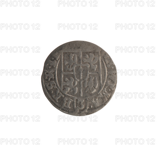 one-and-a-half, Ernest Pfahler, the hoard from Wislica (numism.), George William Hohenzollern (Elector of Brandenburg; Duke of Prussia; 1620-1640), cross (iconographic), orb of rule (iconographic), coats of arms, Obv. Under the ducal mitre a five-field coat of arms, below in the shield the value numeral 3. In the rim between the rims an inscription divided by the mitre and the value numeral, E.WI.MA. - BR.S, .I., Rev. Royal orb with a cross with arms terminating in finials. In the lower part of the apple, the numerals of the value 24. On the sides of the cross, the date numerals 2 - 6. In the rim between the rims, an inscription divided by a cross and a heart below the apple. MONE.NO - DVC.PR, 1626, Ducal Prussia (1525-1701), Königsberg, coin, diameter 19.0 mm, weight 1.07 g, axis 0 deg.