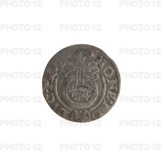 one-and-a-half, Ernest Pfahler, the hoard from Wislica (numism.), cross (iconographic), orb of rule (iconographic), coats of arms. Obv.: Under the ducal mitre a five-field coat of arms; below in the shield the value numeral 3. In the rim between the rims an inscription divided by the mitre and the value numeral, E.WI.MA. - BR.S, .I. Rev.: Royal orb with a cross with arms terminating in finials. In the lower part of the apple, the numerals of the value 24. On the sides of the cross, the date numerals 2 - 6. In the rim between the rims, an inscription divided by a cross and a heart below the apple: MONE.NO - DVC.PR, 1626. Ducal Prussia (1525–1701), Königsberg; coin: diameter 19.0 mm, weight 1.07 g, axis 0°.