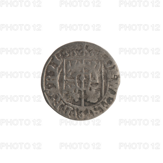 One-and-a-half, Ernest Pfahler, Wislica hoard (numism.), George William Hohenzollern (Elector of Brandenburg; Duke of Prussia; 1620–1640), cross (iconographic), orb of rule (iconographic), coats of arms. Obverse: under the ducal mitre a five-field coat of arms; below in the shield a value numeral 3. In the rim between the rims an inscription divided by the mitre and the value numeral GE.WI.MA - BR.SR. Reverse: royal orb with a cross with arms ending in finials; in the lower part of the apple the value numerals 24; on the sides of the cross the date numerals 2 - 6. In the rim between the rims an inscription divided by a cross and a heart below the apple MONE.NO. - DVC.PRVS.; 1626. Ducal Prussia (1525–1701), Königsberg; coin: diameter 19.4 mm, weight 1.02 g, axis 0°.