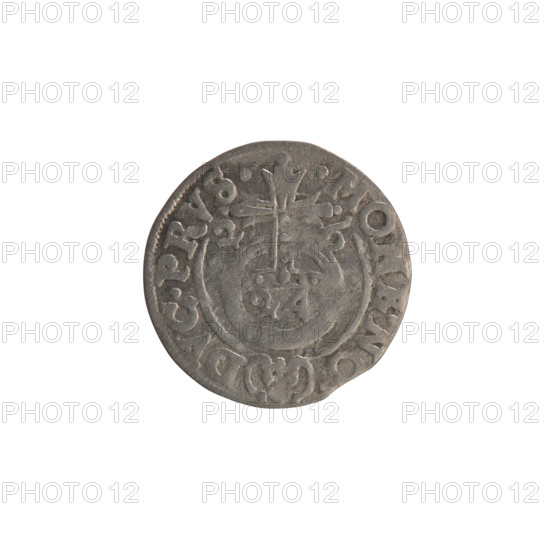 One-and-a-half (coin), Ernest Pfahler; the Wislica hoard (numism.); cross (iconographic); orb of rule (iconographic); coats of arms. Obverse: under the ducal mitre a five-field coat of arms; below in the shield a value numeral 3. In the rim between the rims an inscription divided by the mitre and the value numeral GE.WI.MA - BR.SR. Reverse: royal orb with a cross with arms ending in finials; in the lower part of the apple the value numerals 24; on the sides of the cross the date numerals 2 - 6. In the rim between the rims an inscription divided by a cross and a heart below the apple: MONE.NO. - DVC.PRVS., 1626. Ducal Prussia (1525–1701), Königsberg; coin, diameter 19.4 mm, weight 1.02 g, axis 0°.