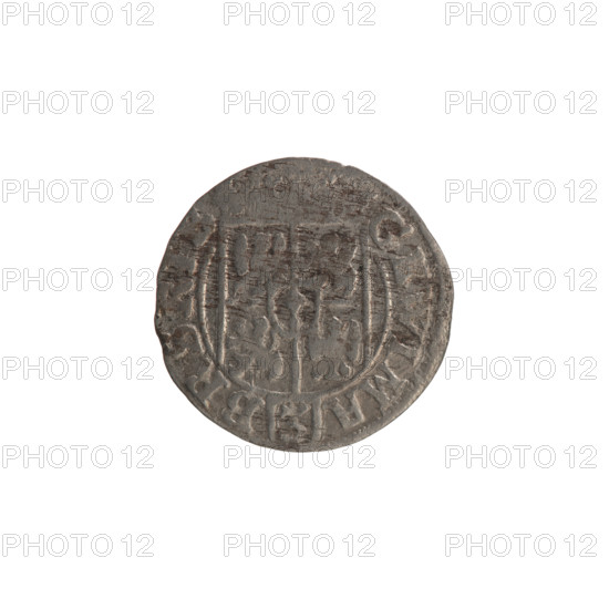One-and-a-half (coin), Ernest Pfahler; hoard from Wislica; George William Hohenzollern (Elector of Brandenburg; Duke of Prussia; 1620–1640). Obverse: under the ducal mitre a five-field coat of arms, below in the shield a value numeral 3; in the rim between the rims an inscription divided by the mitre and the value numeral GEW.I MA - BR.SRI. Reverse: royal orb with a cross whose arms end in finials; on the lower part of the apple the value digits 24; on the sides of the cross the date digits 2 - 6; in the rim between the rims an inscription divided by a cross and a heart below the apple E, NO. - DVC.PRVS, 1626. Königsberg; Ducal Prussia (1525–1701). Coin — diameter 19.4 mm; weight 1.07 g; axis 0°.