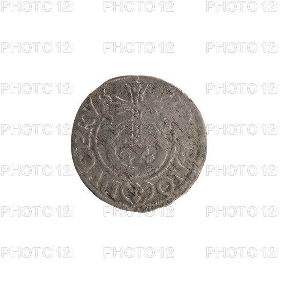 one-and-a-half, Ernest Pfahler, the hoard from Wislica (numism.), George William Hohenzollern (Elector of Brandenburg; Duke of Prussia; 1620-1640), regal orb (iconographic), cross (iconographic), coats of arms. Obverse: under the ducal mitre a five-field coat of arms; below in the shield a value numeral 3. In the rim between the rims an inscription divided by the mitre and the value numeral GEW.I MA - BR.SRI. Reverse: royal orb with a cross with arms ending in finials; in the lower part of the apple the value digits 24; on the sides of the cross the date digits 2 - 6. In the rim between the rims an inscription divided by a cross and a heart below the apple, E, NO. - DVC.PRVS, 1626. Königsberg, Ducal Prussia (1525-1701). Coin; diameter 19.4 mm; weight 1.07 g; axis 0°.