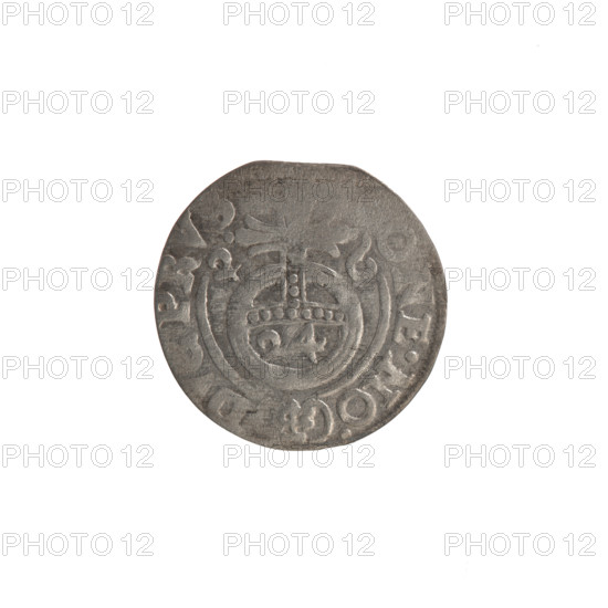 one and a half, Ernest Pfahler, the hoard from Wislica (numism.), George William of Hohenzollern (Elector of Brandenburg; Duke of Prussia; 1620-1640), cross (iconographic), orb of rule (iconographic), coats of arms. Obv.: Under the ducal mitre, a five-field coat of arms. On the rim between the borders, an inscription divided by the mitre GE.WI.M, .IE Rw. Royal orb with a cross with arms terminating in finials. In the lower part of the orb, the numerals of the value 24. On the sides of the cross, the date numerals 2 - 6. On the rim between the borders, an inscription divided by a cross and a heart located below the orb, NE.NO. - DVC.PRV, 1626. Ducal Prussia (1525-1701), Königsberg. Coin: diameter 19.3 mm, weight 1.24 g, axis 0°.