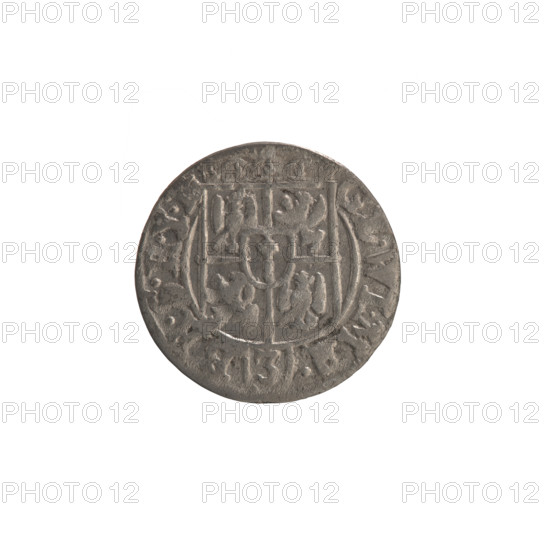 one-and-a-half; Ernest Pfahler; Wislica hoard; Department of Coins of Lands Associated with Poland; George William Hohenzollern (Elector of Brandenburg; Duke of Prussia; 1620–1640); regal orb (iconographic); cross (iconographic); coats of arms. Obv.: Under the ducal mitre a five-field coat of arms; below in the shield the value numeral 3. In the rim between the rims an inscription divided by the mitre and the value numeral G .WI.MA. - BR., .RI. Rev.: Royal orb with a cross with arms terminating in finials; in the lower part of the apple, the numerals of the value 24; on the sides of the cross, the date numerals 2 - 6. In the rim between the rims, an inscription divided by a cross and a heart below the apple, MONE.NO. - DVC.PRVS., 1626. Ducal Prussia (1525–1701), Königsberg; coin. Diameter 19.0 mm; weight 0.95 g; axis 0°.