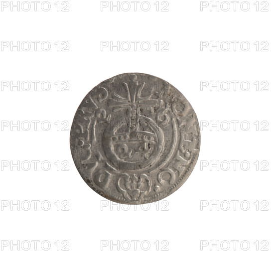 one-and-a-half, Ernest Pfahler, the Wislica hoard (numism.), George William Hohenzollern (Elector of Brandenburg; Duke of Prussia; 1620-1640), regal orb (iconographic), cross (iconographic), coats of arms. Obv.: Under the ducal mitre a five-field coat of arms; below in the shield the value numeral 3. In the rim between the rims an inscription divided by the mitre and the value numeral G .WI.MA. - BR., .RI. Rev.: Royal orb with a cross with arms terminating in finials. In the lower part of the apple, the numerals of the value 24. On the sides of the cross, the date numerals 2 - 6. In the rim between the rims, an inscription divided by a cross and a heart below the apple, MONE.NO. - DVC.PRVS., 1626. Ducal Prussia (1525–1701), Königsberg; coin: diameter 19.0 mm, weight 0.95 g, axis 0°.